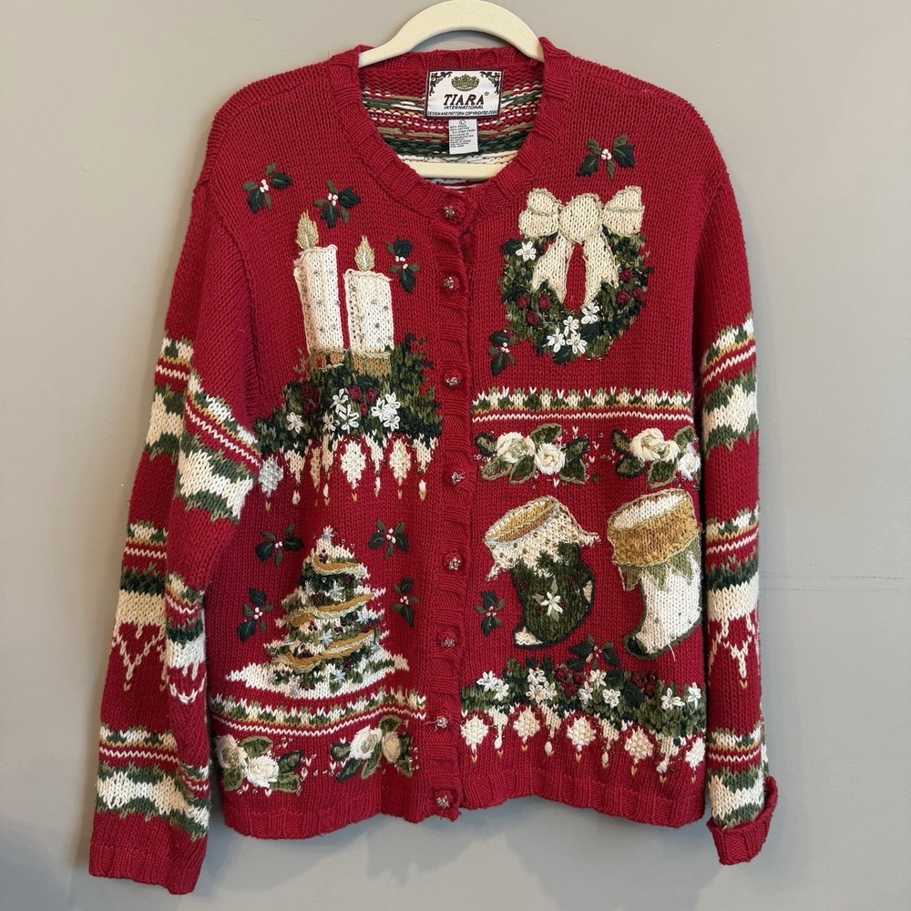 Vintage Tiara Christmas Sweater Cardigan Large Stocking Wreath Tree